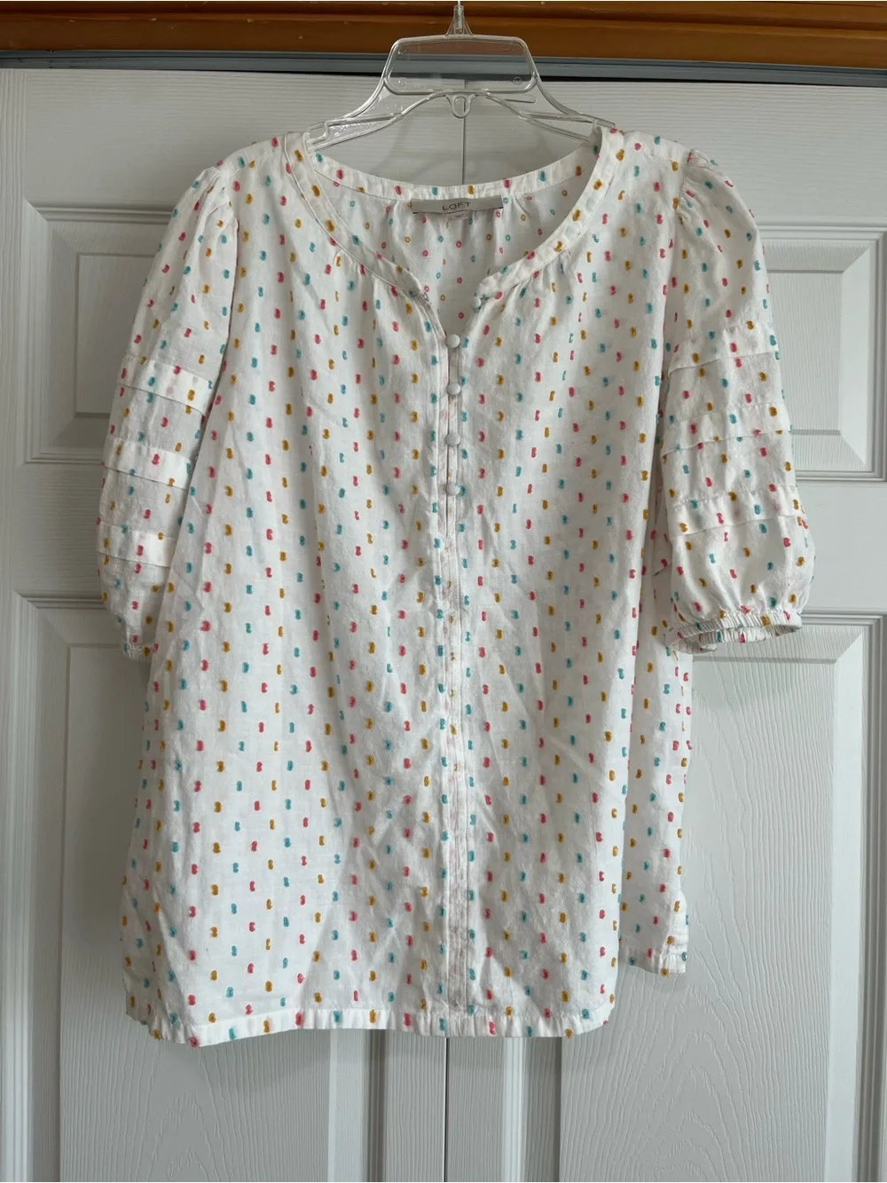 LOFT White Blouse with Multicolor Dot Embroidery